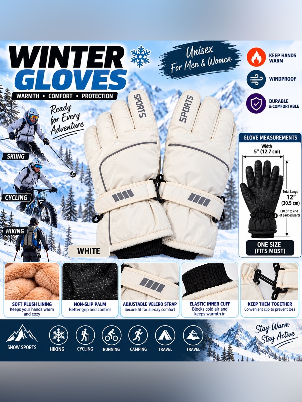 White Insulated Winter Gloves for Men & Women - Sports